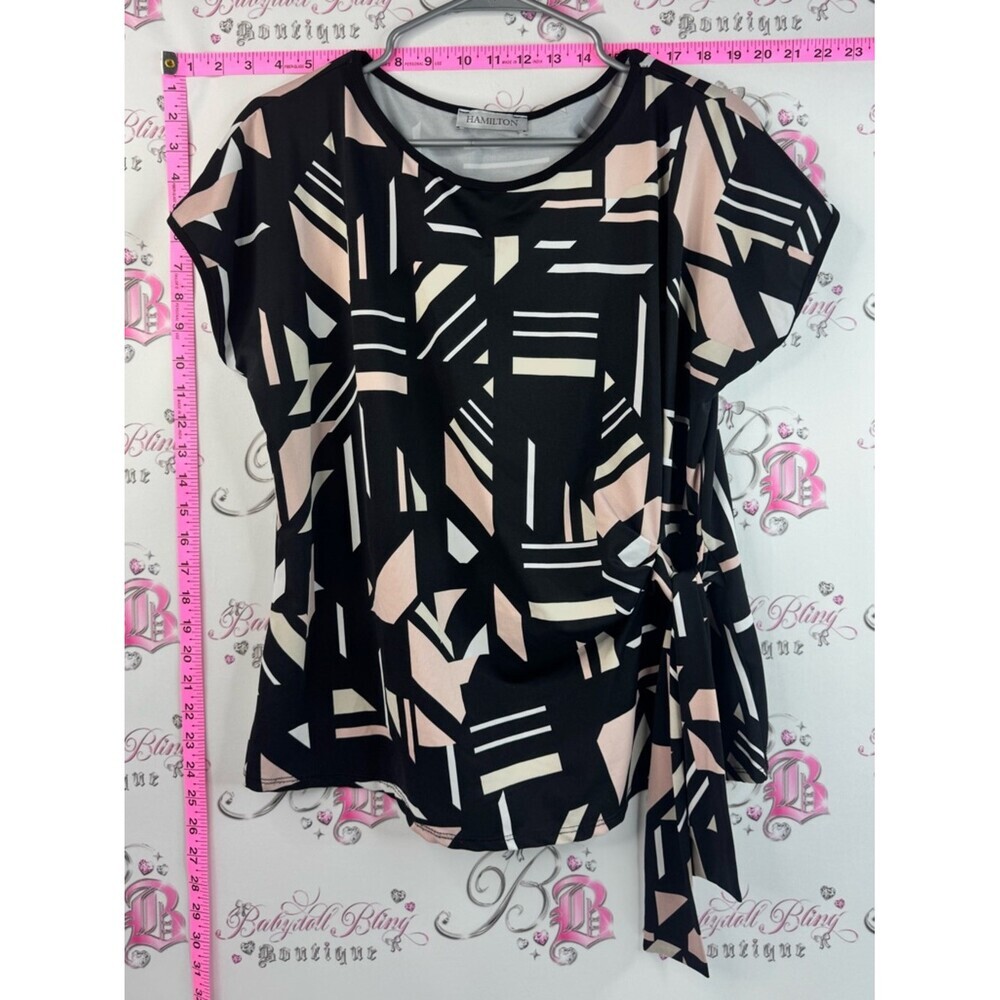 Hamilton tshirt tie up Black Geometric Short Sleeve Tie-Waist Top Blush & Cream